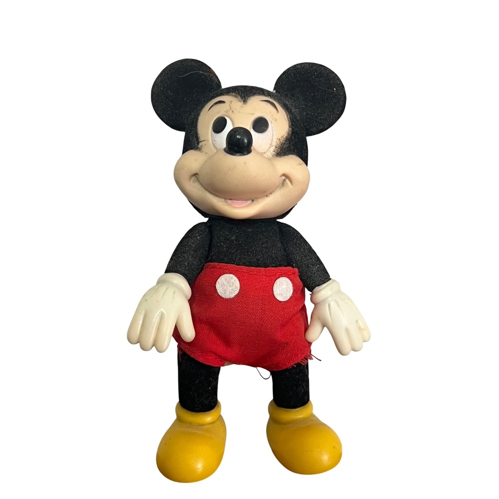 Vintage Disney Mickey Mouse Flocked Action Figure Doll 4.5 Inch Retro Toy